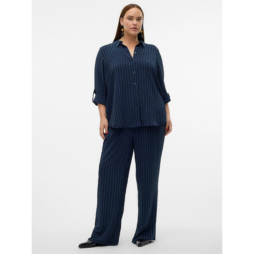 Plus Emma High-Waist Wide-Leg Pinstriped Pants