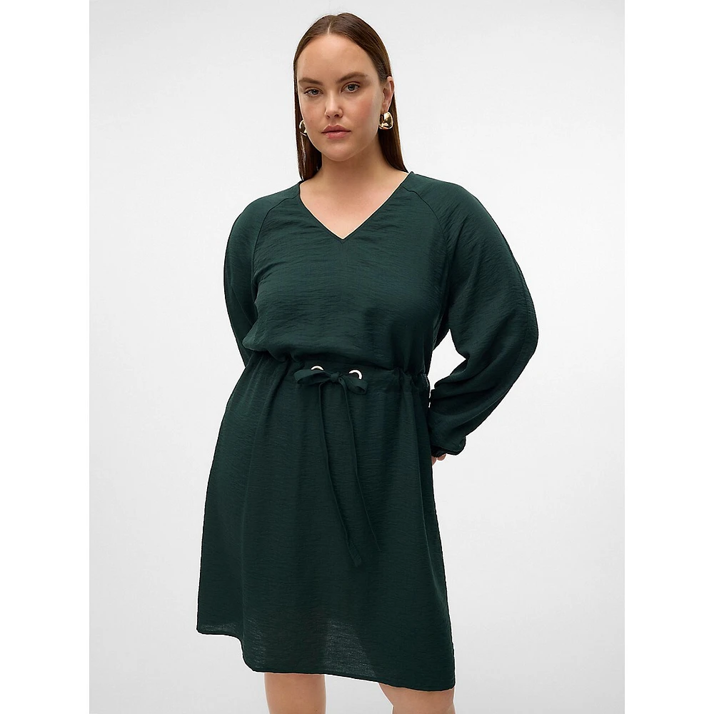 Plus V-Neck Raglan Drawstring Ruffle Dress