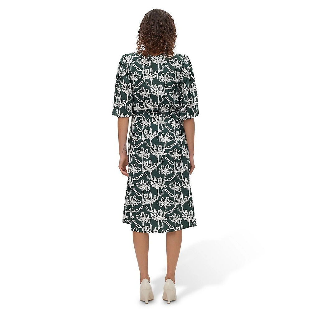 Elbow-Sleeve Print Day Dress