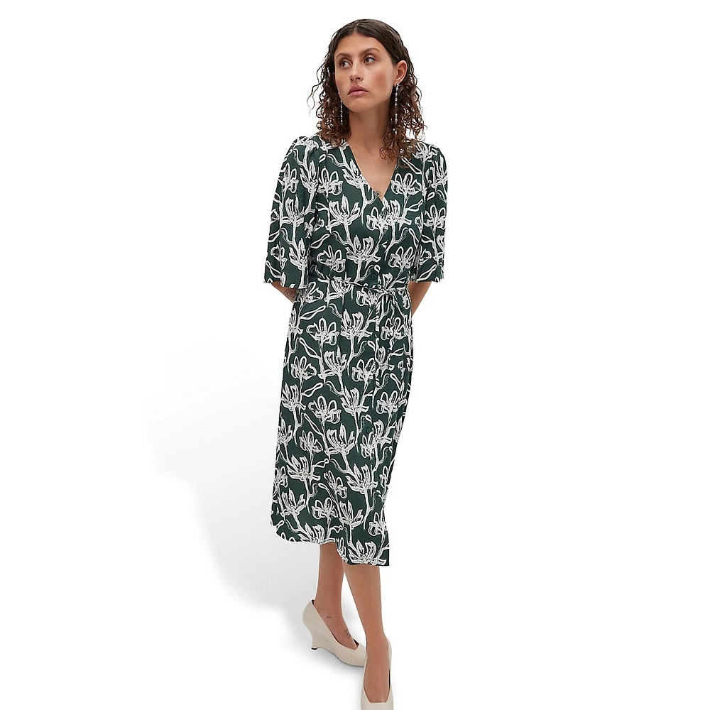 Elbow-Sleeve Print Day Dress