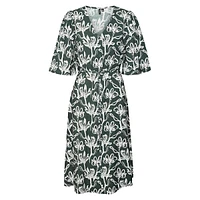 Elbow-Sleeve Print Day Dress