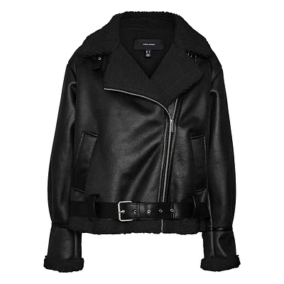 Joanna Teddy-Lined Coated Moto Jacket