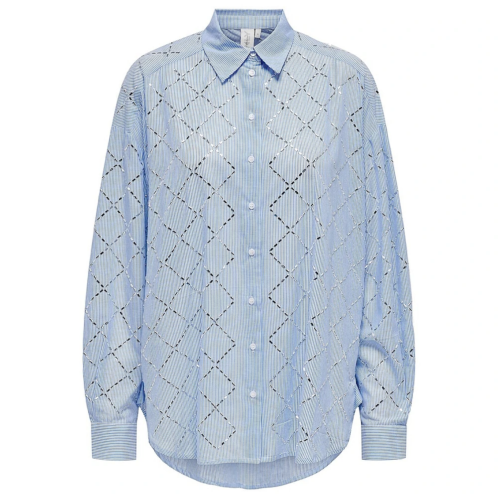 Julie Rhinestone-Grid Striped Button-Down Shirt