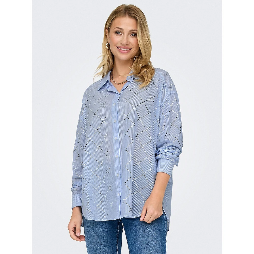 Julie Rhinestone-Grid Striped Button-Down Shirt