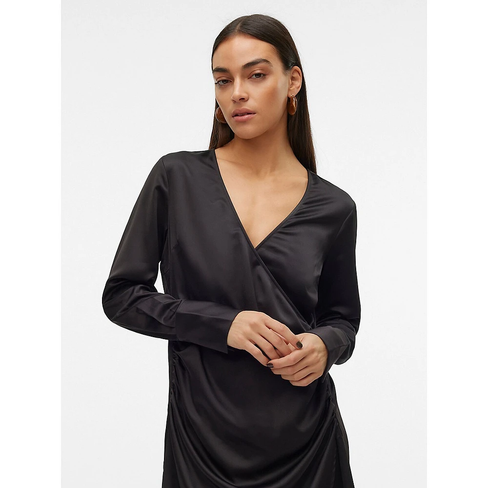 Surplice-Neck Side-Ruched Dress