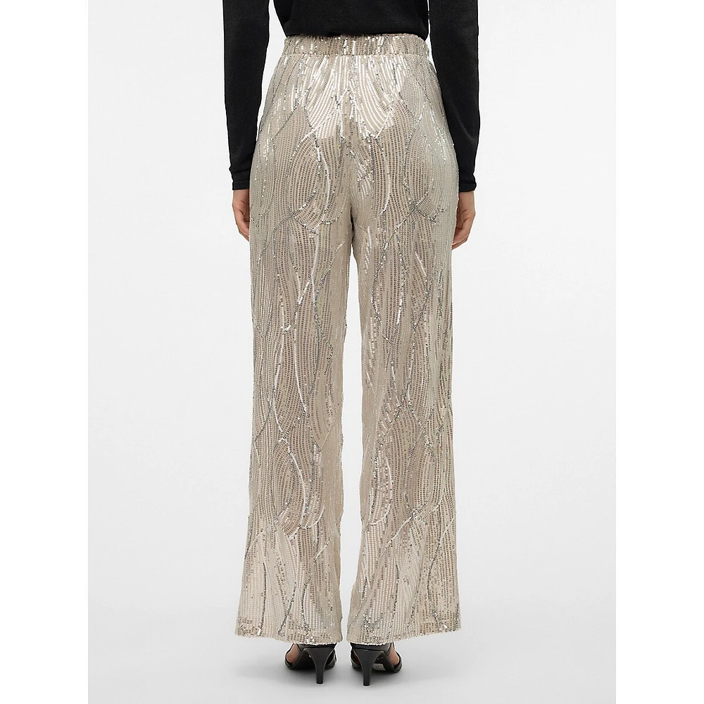 Wide-Leg Pull-On Sequin Pants