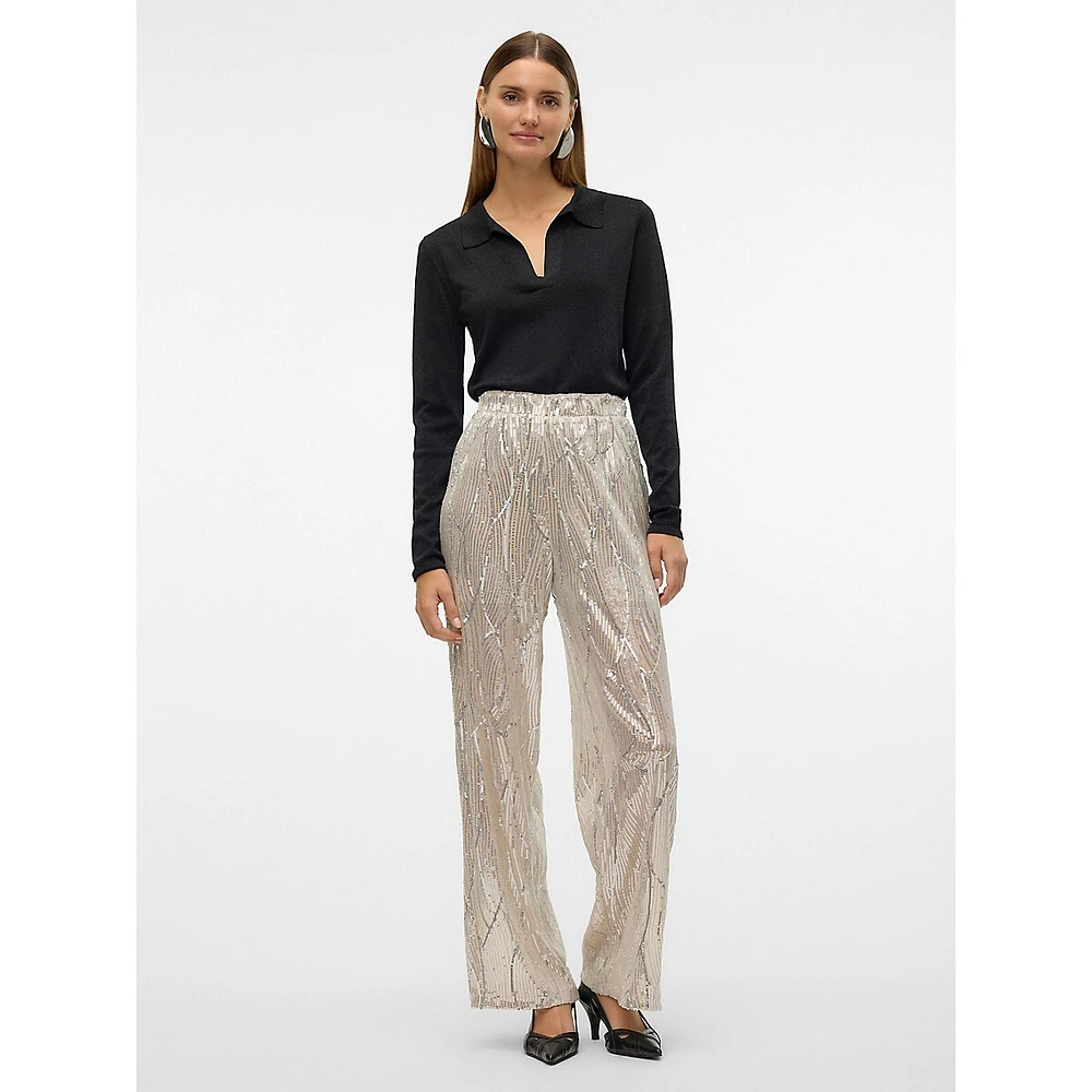 Wide-Leg Pull-On Sequin Pants