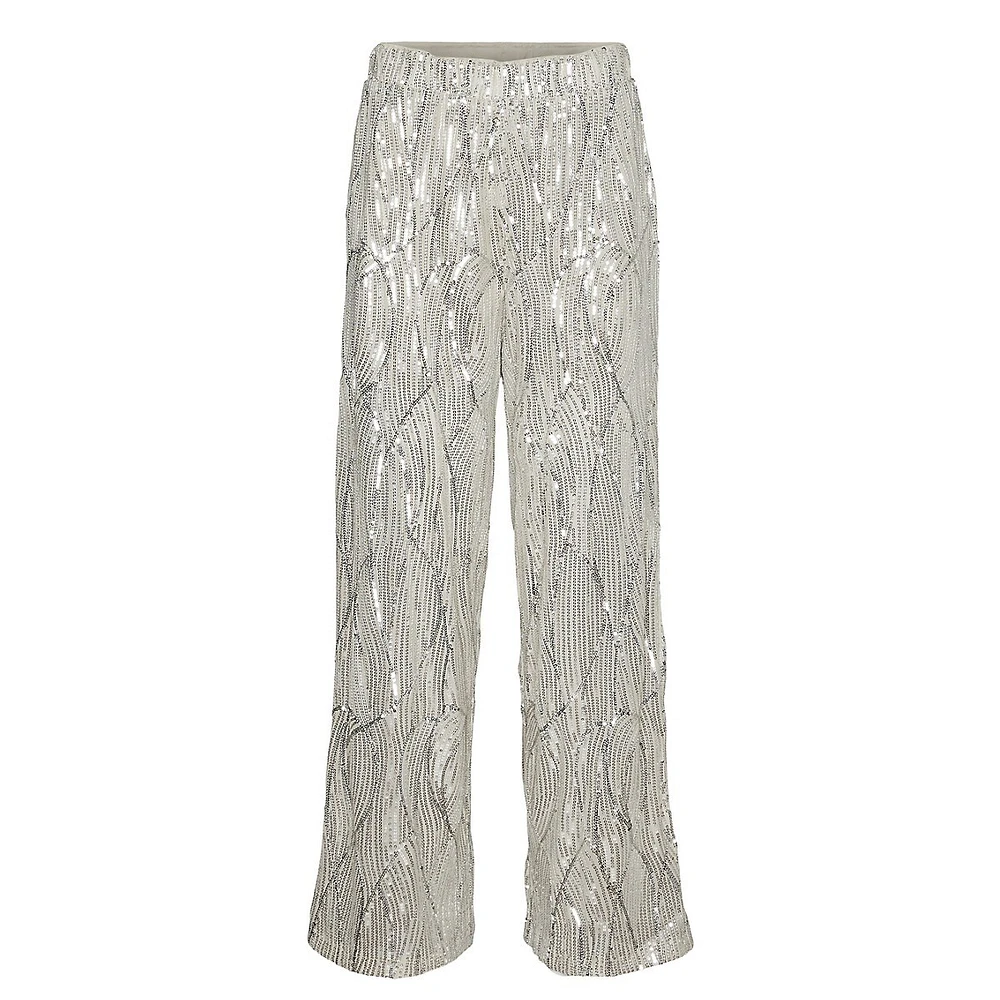 Wide-Leg Pull-On Sequin Pants