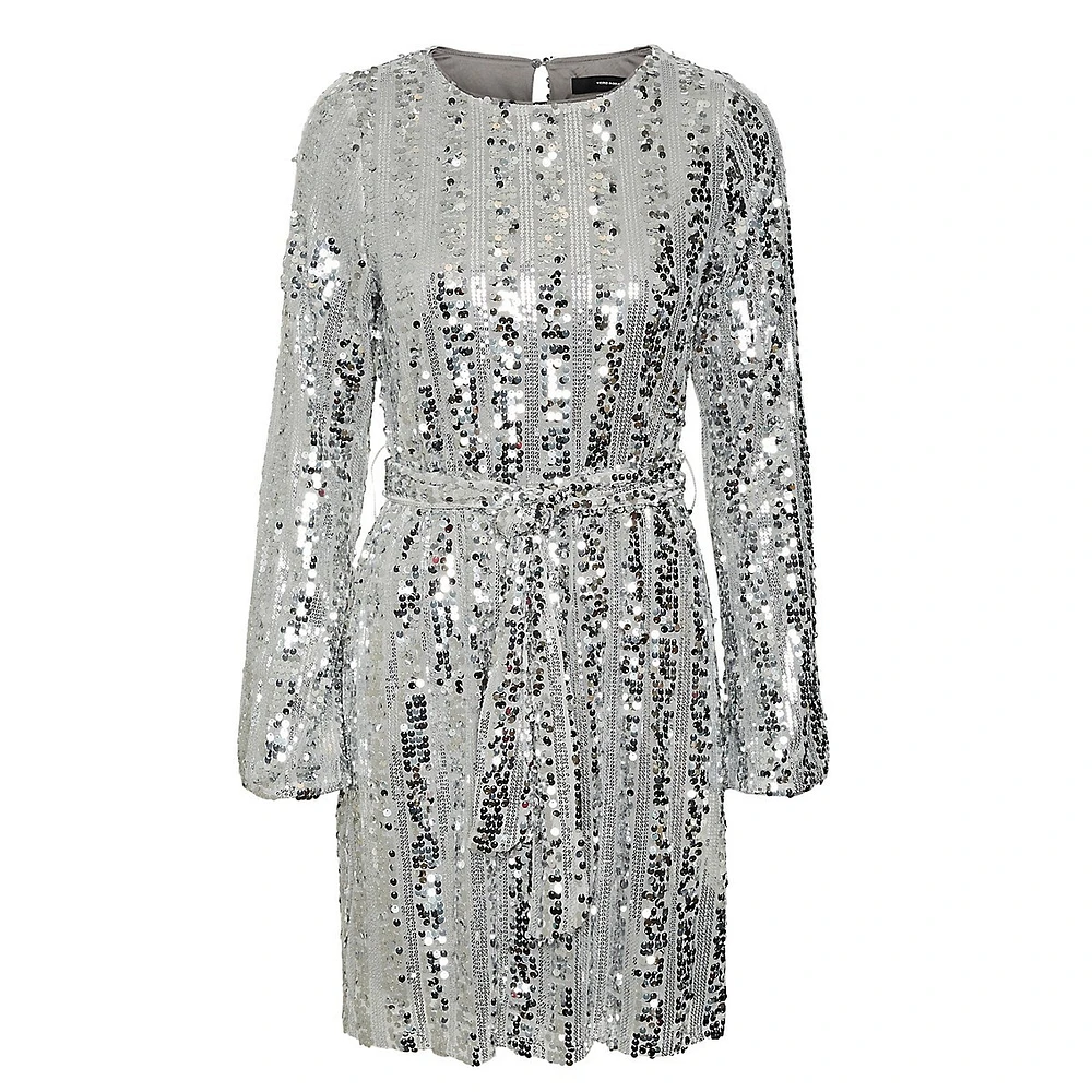 Long-Sleve Sequin Belted Mini Dress