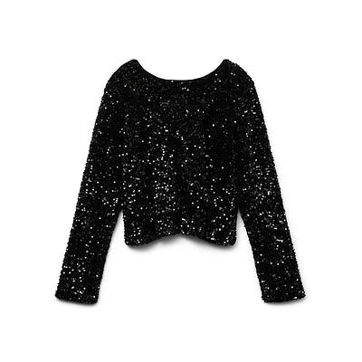 Lailia Long-Sleeve Bow-Back Sequin Top