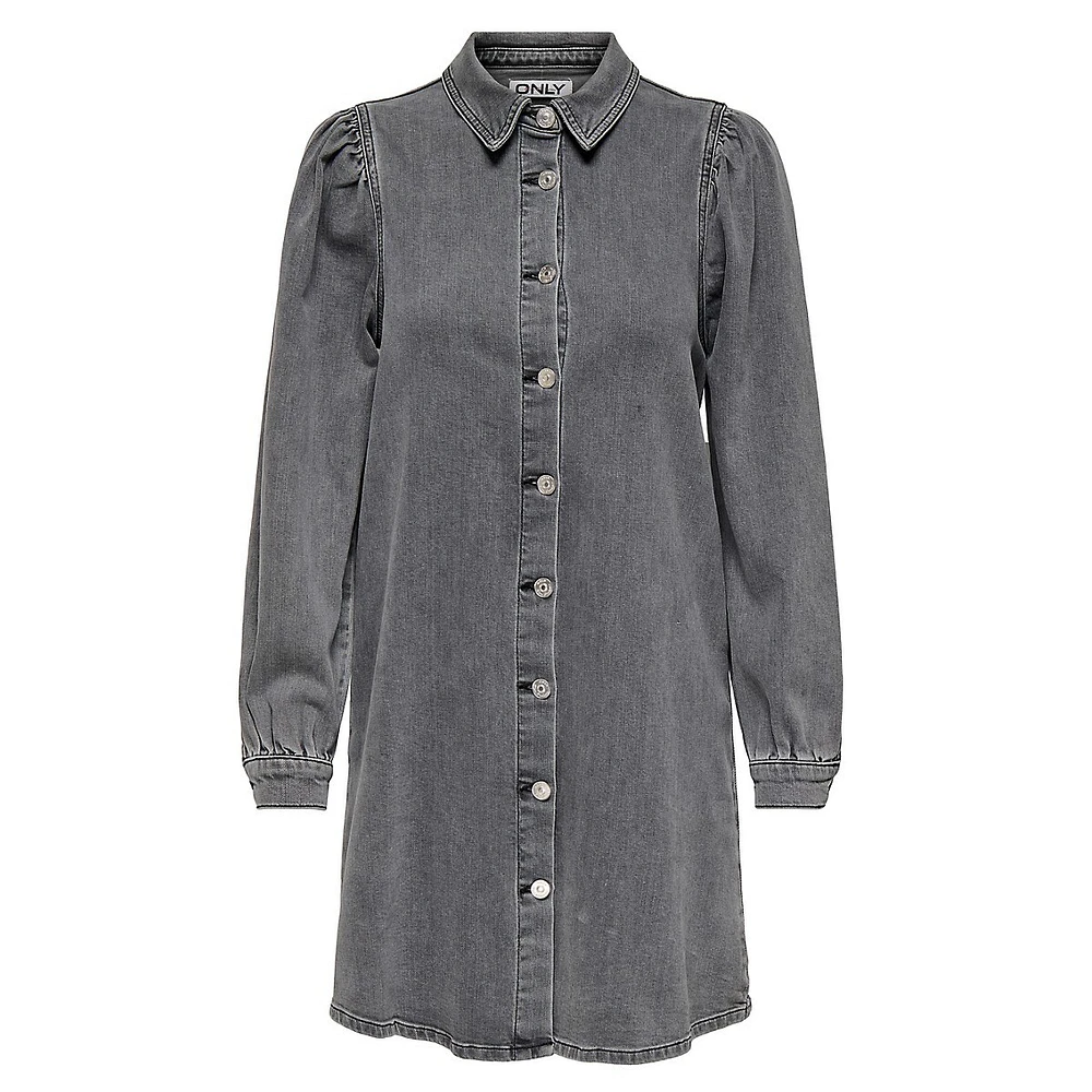 Alma Blouson-Sleeve Denim Shirt Dress