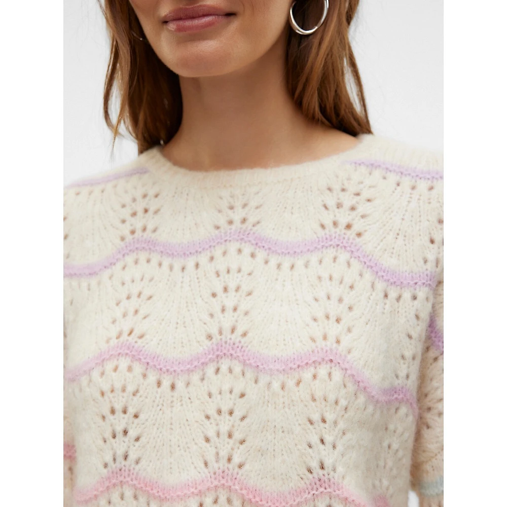 Wavy-Stripe Pointelle-Knit Sweater