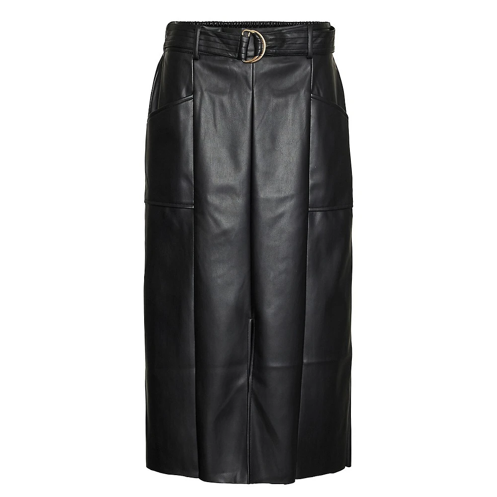 Vella Belted Faux Leather Midi Skirt