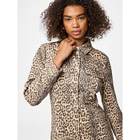 Fia Leopard-Print Denim Long-Sleeve Shirt Dress