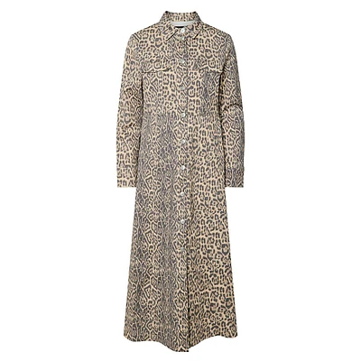 Fia Leopard-Print Denim Long-Sleeve Shirt Dress