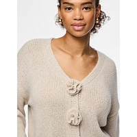 Rosette-Front Cardigan Sweater