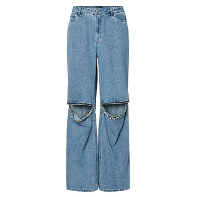 Fulla High-Waisted Wide-Leg Bejewelled Cutout Jeans