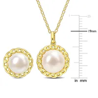 2-piece Set Cultured Pearl Halo Stud Earrings And Necklace In Yellow Plated Sterling Silver