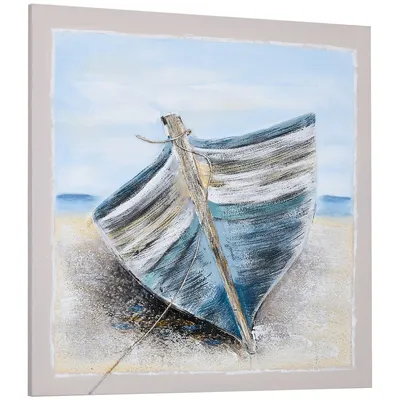 Blue Boat In The Beach Canvas Painting