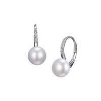 Sterling Silver, 7.5MM Freshwater Pearl & Cubic Zirconia Leverback Earrings