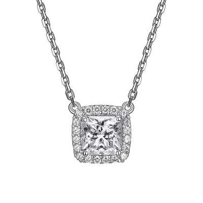 Sterling Silver & Cubic Zirconia Sqaure Halo Pendant Necklace