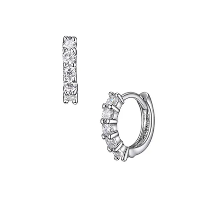 Rhodium-Plated Sterling Silver & Cubic Zirconia Round Huggie Earrings