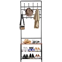 Metal Entryway Coat Hat Garment Rack Hall Tree With 3-tier Shoe Bench