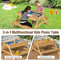 3 In 1 Kids Picnic Table Wooden Outdoor Water Sand Table W/ Play Boxes