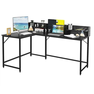 65.5'' L-shaped Computer Desk Home Office Corner Table W/bookshelf Black