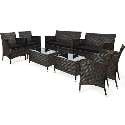 8pcs Rattan Patio Furniture Set Cushioned Sofa Chair Coffee Table
