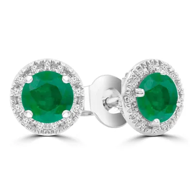 0.8 Ct Round Green Emerald Halo Earrings 14k White Gold