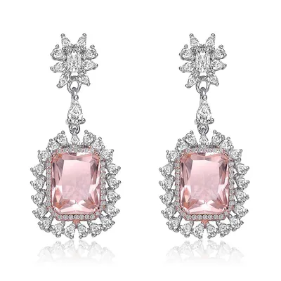 Sterling Silver With Rhodium Plated Morganite Cushion With Clear Cubic Zirconia Halo Drop Earrings