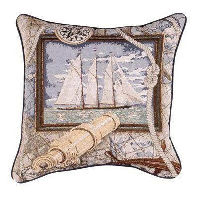 17" Beige And Purple Nautical Seascape Sailboat Square Throw Pillow