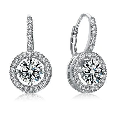Sterling Silver White Gold Plating With Clear Cubic Zirconia Round Drop Stud Earrings