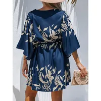 Women's Floral Print Drawstring Dolman Sleeve Mini Dress