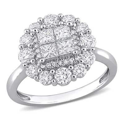 1 1/2 Ct Tw Diamond Quad Center Double Halo Engagement Ring 10k White Gold