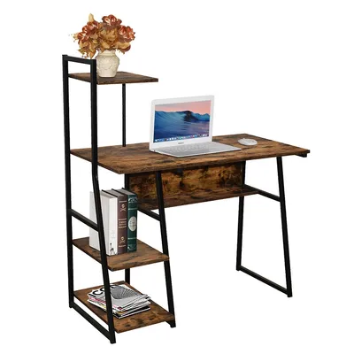 Industrial Computer Desk With 4-tier Storage Shelves, Reading Study Writing Desk Corner Table