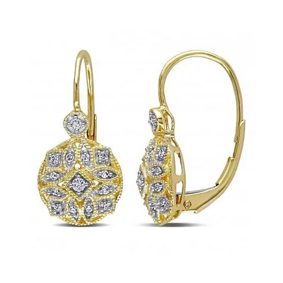 Vintage Style Leverback Diamond Earrings Floral 14k Yellow Gold 0.15ct