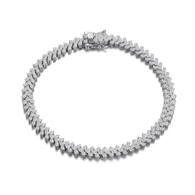 Sterling Silver White Gold Plating With Clear Cubic Zirconia Cluster Arrow Style Tennis Bracelet