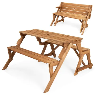 2-in-1 Transforming Interchangeable Wooden Picnic Table Bench W/umbrella Hole