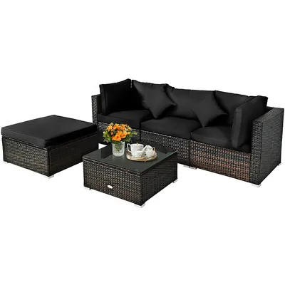 5pcs Outdoor Patio Rattan Furniture Set Sectional Conversation W/cushion