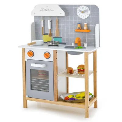 Wooden Kid's Play Kitchen Set Pretend Chef Cooking Toy With Cookware Accessories