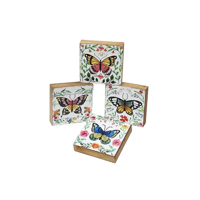 Square Wood Blocks Butterfly Asstd - Set Of 4