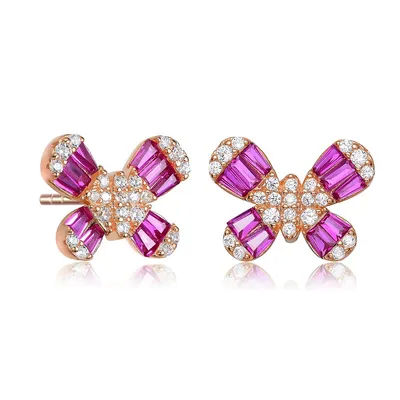 Sterling Silver With 18k Rose Gold Plated Red Baguette And Clear Round Cubic Zirconia Butterfly Stud Earrings