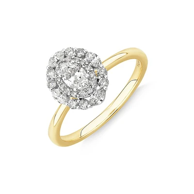 0.61 Carat Tw Oval Cut Diamond Marquise And Round Brilliant Halo Engagement Ring In 14kt Yellow And White Gold