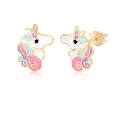 14k Yellow Gold Stud Earrings Unicorn Colorful Enamel For Children