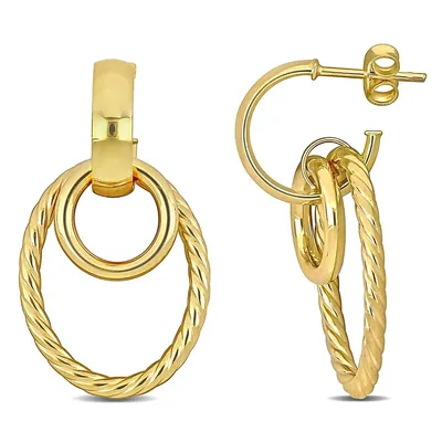 Open Huggie Hoop With Open Circle & Oval Drop Earrings In 14k Yellow Gold