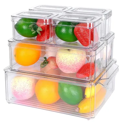 Stackable Fridge Organizers With Lid, Acrylic Freezer Divider Bins With Handles, Set Of 7