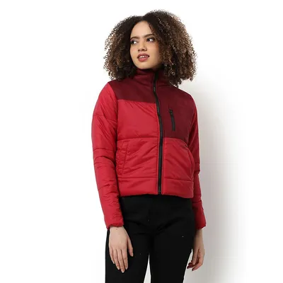 Women's Red & Maroon Puffer Regular Fit Bomber Jacket For Winter Wear