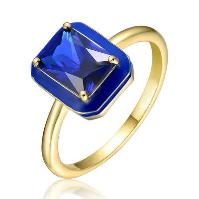 14k Yellow Gold Plated With Sapphire Cubic Zirconia Blue Enamel Radiant Halo Ring